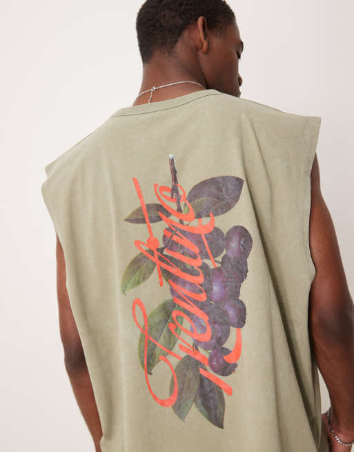 ASOS DESIGN heavyweight oversized tank with fruit graphic in washed khaki, 4 of 4