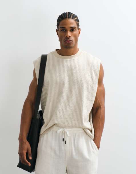 ASOS DESIGN heavyweight oversized tank with seersucker stripe in neutral - view 1