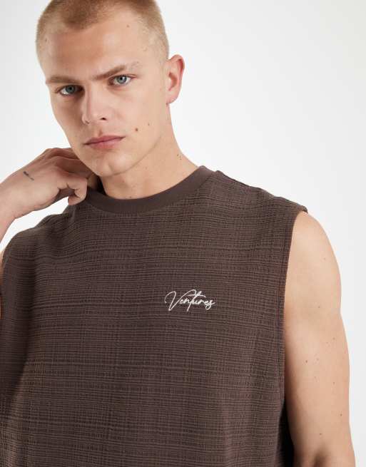 ASOS DESIGN heavyweight oversized tank with text graphic in brown textured fabric, 3 of 5