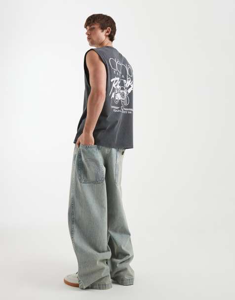 ASOS DESIGN heavyweight oversized tank with text graphic in  charcoal wash - view 1