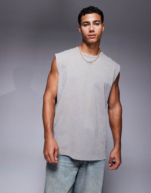ASOS DESIGN heavyweight oversized tank with text graphic in washed beige - Lgray