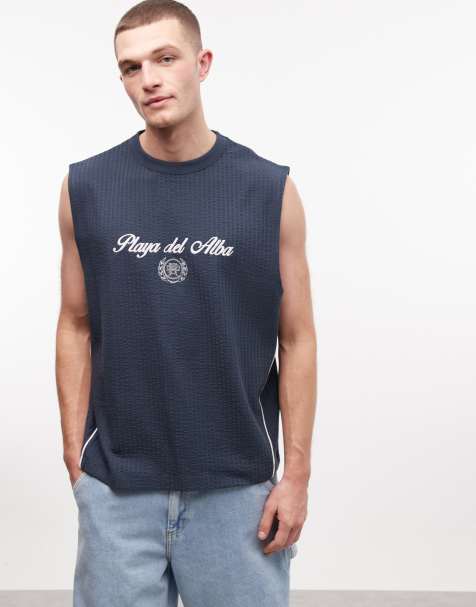 ASOS DESIGN heavyweight oversized tank with text grapic in navy seersucker fabric - view 1