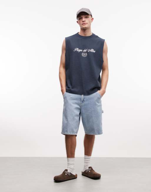 ASOS DESIGN heavyweight oversized tank with text grapic in navy seersucker fabric, 2 of 5