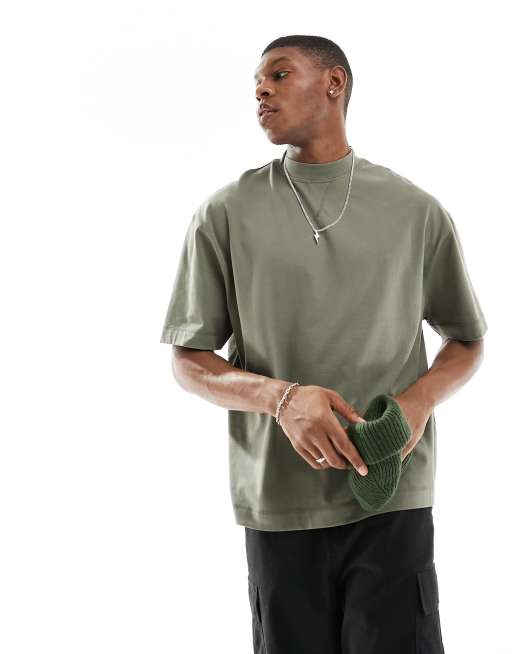 ASOS DESIGN short sleeve t-shirt with mock neck and taping detail in khaki