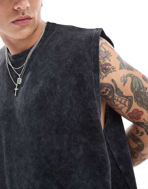 ASOS DESIGN heavyweight oversized vest in washed black , 3 of 4