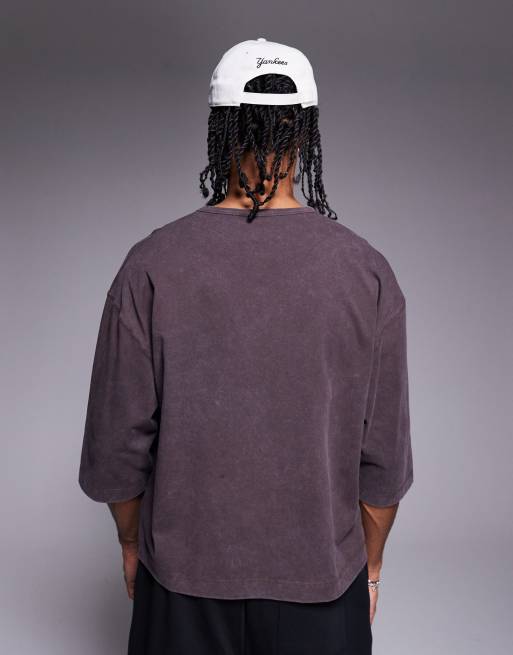 ASOS DESIGN heavyweight oversized washed henley t-shirt in brown, 3 of 4