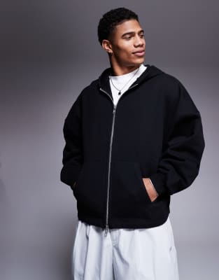 Asos Design Heavyweight Oversized Zip Through Hoodie 400gsm With Fixed Hem In Black