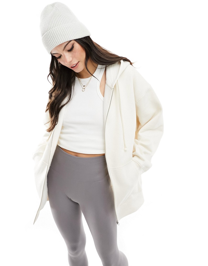 heavyweight oversized zip through hoodie in cream-White