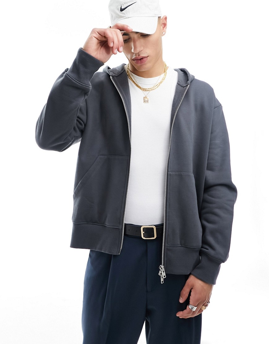 ASOS DESIGN heavyweight oversized zip through hoodie in washed black-Grey