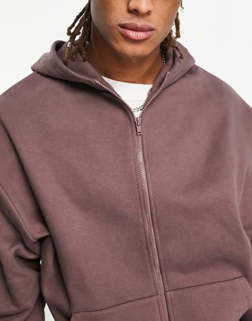 ASOS DESIGN heavyweight oversized zip through hoodie in washed brown