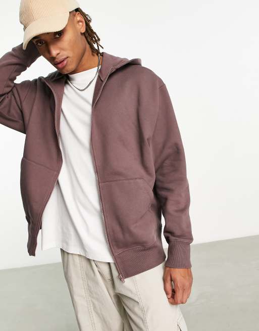 ASOS DESIGN heavyweight oversized zip through hoodie in washed brown