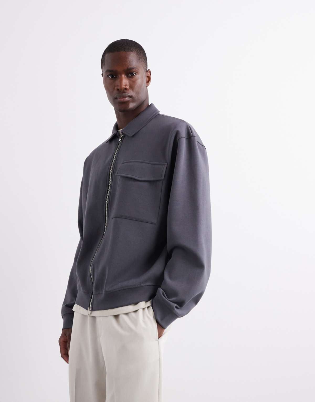 ASOS DESIGN heavyweight oversized zip through jersey shacket in charcoal