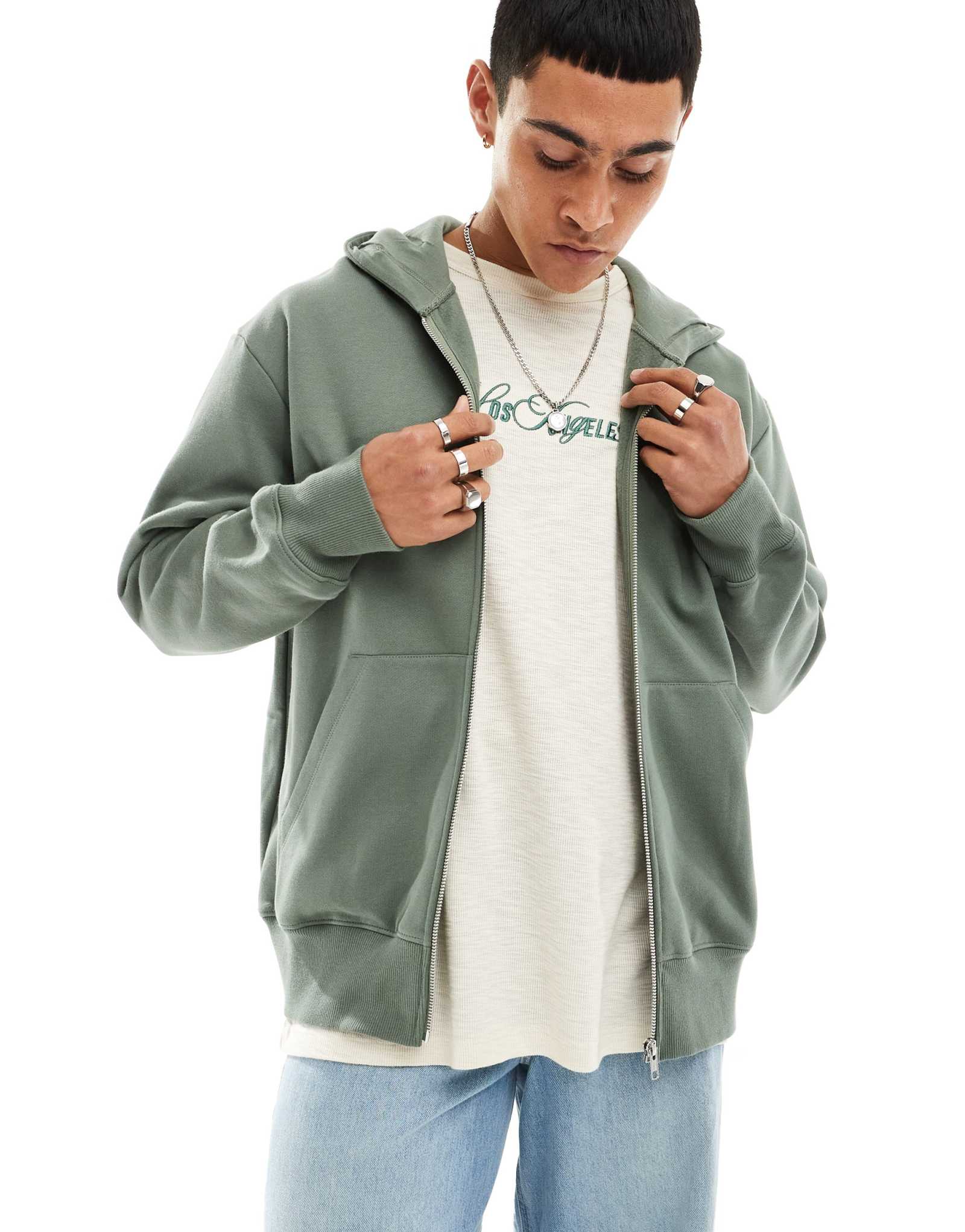 Толстовка с капюшоном ASOS DESIGN heavyweight oversize на молнии зеленого цвета 8690₽