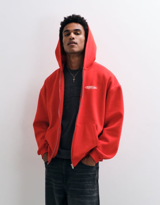 ASOS DESIGN heavyweight oversized zip up hoodie with back and chest print in red, 2 of 5
