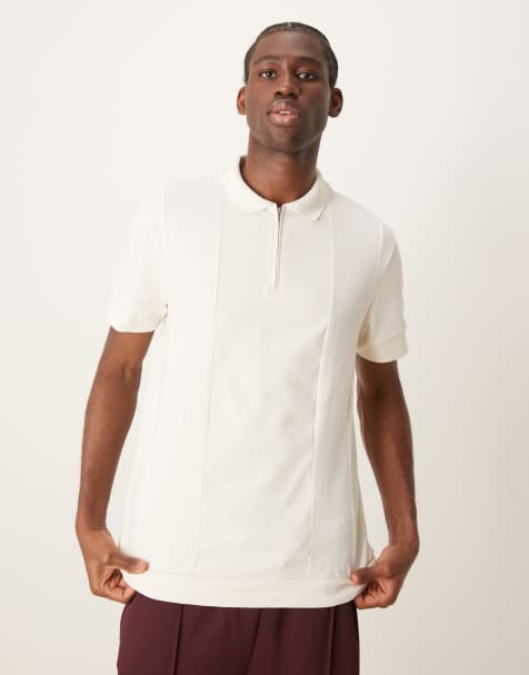 ASOS DESIGN heavyweight polo shirt with quarter zip in cream - view 1
