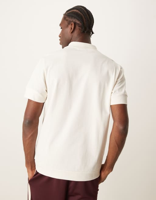 ASOS DESIGN heavyweight polo shirt with quarter zip in cream