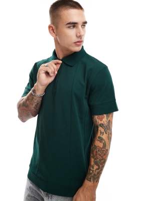 Asos Design Heavyweight Polo Shirt With Quarter Zip In Dark Green