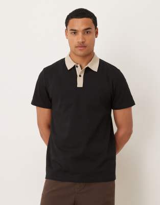 Asos Design Heavyweight Polo With Contrast Collar In Black