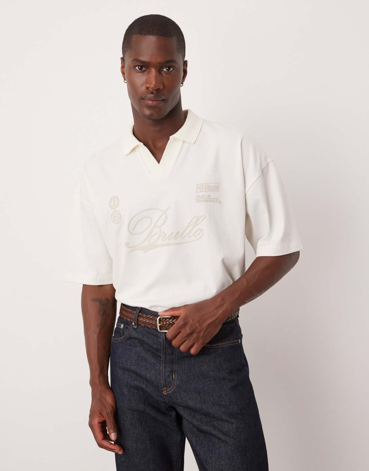 ASOS DESIGN heavyweight polo with print in beige