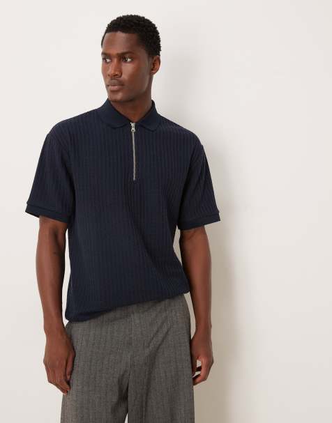 ASOS DESIGN heavyweight polo with zip neck in navy texture - view 1