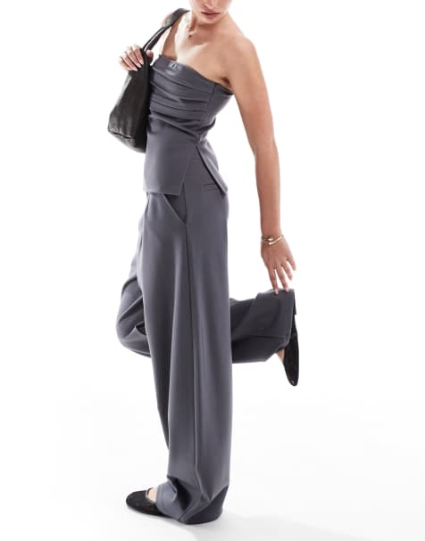 ASOS DESIGN heavyweight ponte halter neck top and barrel leg pants set in charcoal - view 1
