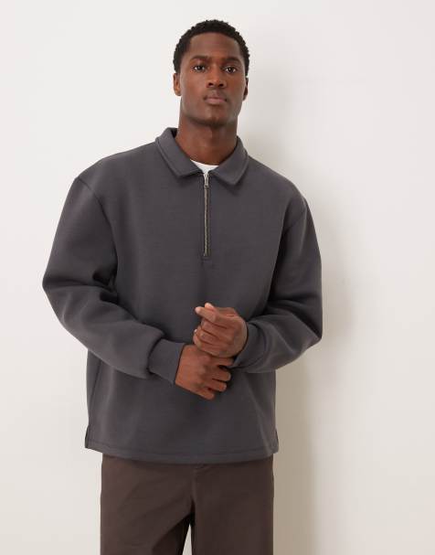 ASOS DESIGN heavyweight quarter zip sweatshirt with collar in scuba-style fabric in charcoal - view 1