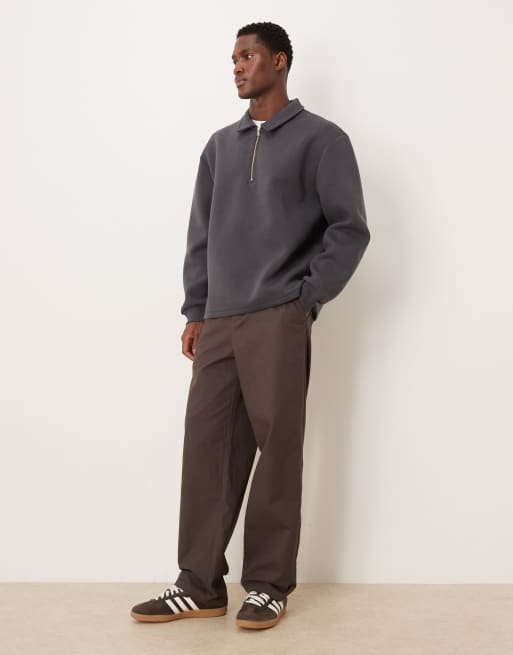 ASOS DESIGN heavyweight quarter zip sweatshirt with collar in scuba-style fabric in charcoal, 2 of 5