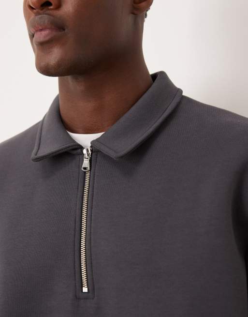 ASOS DESIGN heavyweight quarter zip sweatshirt with collar in scuba-style fabric in charcoal, 5 of 5