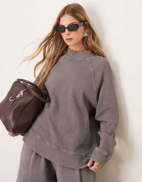 ASOS DESIGN heavyweight raglan high neck long sleeve waffle top in washed gray - view 1