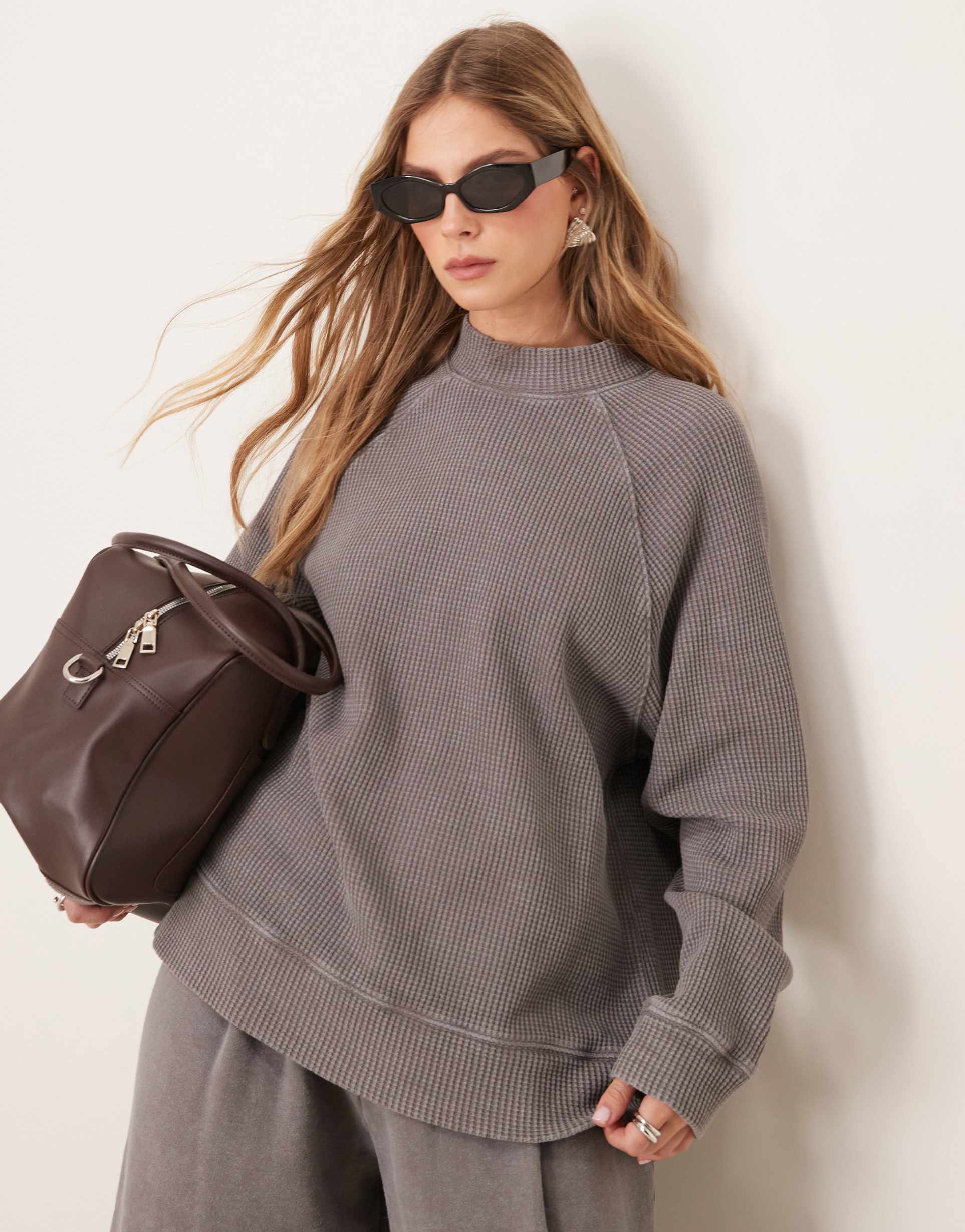 asos design heavyweight raglan high neck long sleeve waffle top in washed gray