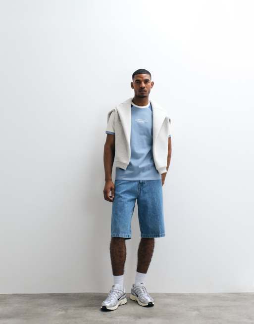 ASOS DESIGN heavyweight regular fit cut and sew T-shirt with chest graphic in blue, 3 of 5
