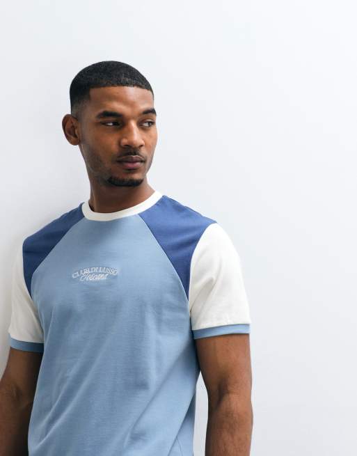 ASOS DESIGN heavyweight regular fit cut and sew T-shirt with chest graphic in blue, 4 of 5