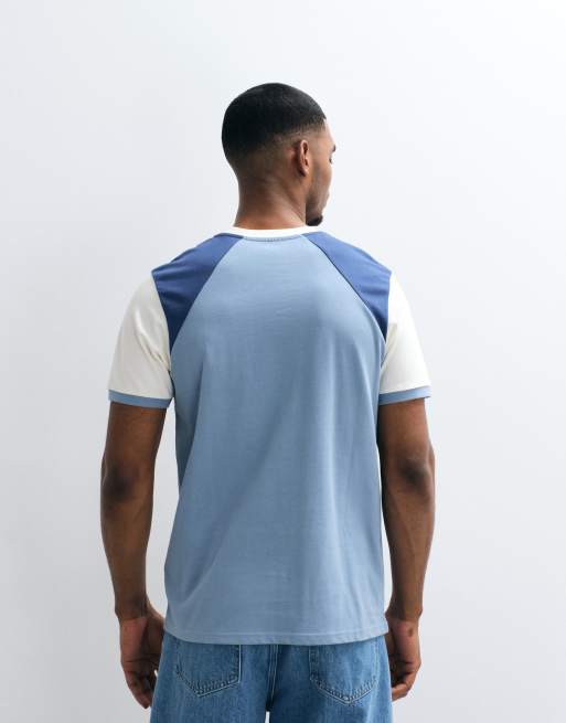 ASOS DESIGN heavyweight regular fit cut and sew T-shirt with chest graphic in blue, 5 of 5