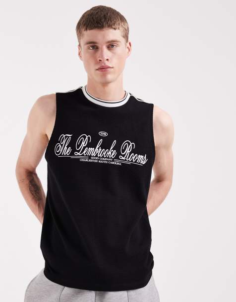ASOS DESIGN heavyweight regular fit graphic print tank with panelled shoulders in black texture - view 1