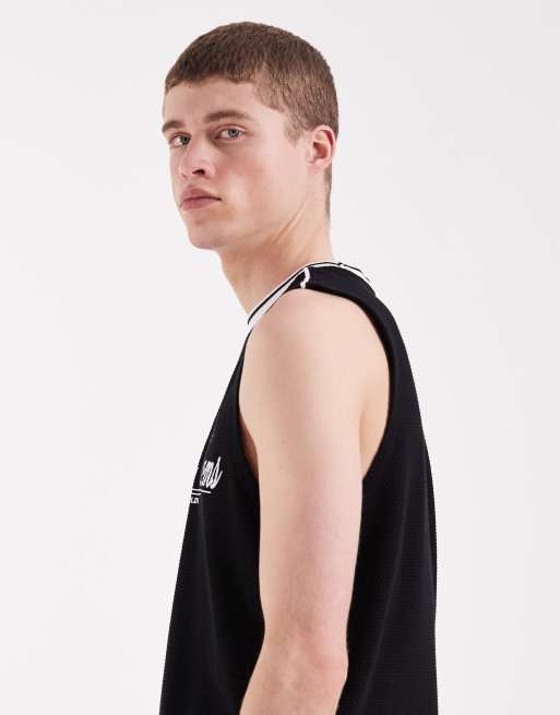 ASOS DESIGN heavyweight regular fit graphic print tank with panelled shoulders in black texture, 4 of 5