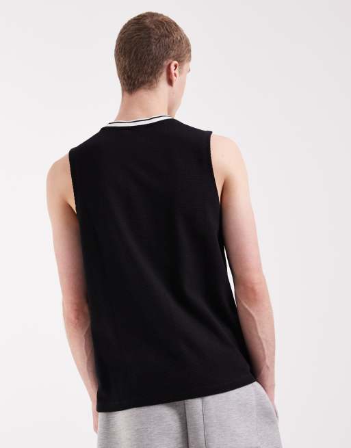 ASOS DESIGN heavyweight regular fit graphic print tank with panelled shoulders in black texture, 5 of 5