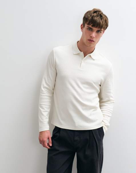 ASOS DESIGN heavyweight regular fit long sleeve polo in cream texture - view 1