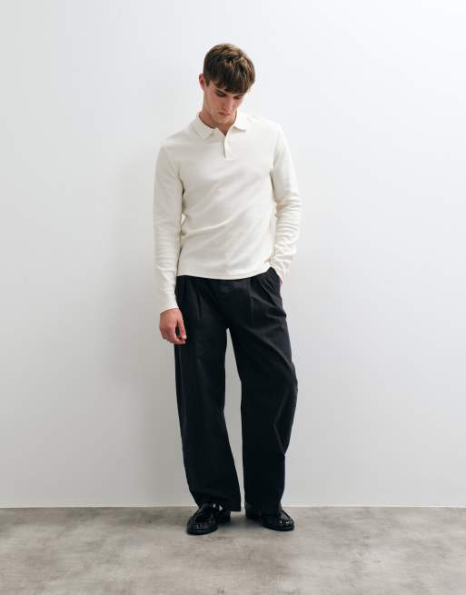 ASOS DESIGN heavyweight regular fit long sleeve polo in cream texture, 2 of 5