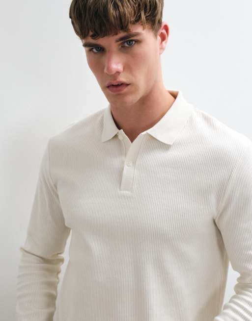 ASOS DESIGN heavyweight regular fit long sleeve polo in cream texture, 3 of 5