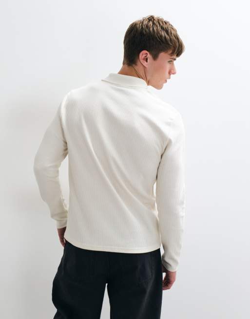 ASOS DESIGN heavyweight regular fit long sleeve polo in cream texture, 5 of 5
