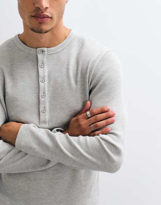 ASOS DESIGN heavyweight regular fit long sleeve t-shirt with henley in cream marl waffle, 5 of 5