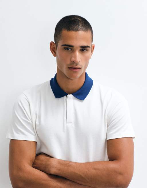 ASOS DESIGN heavyweight regular fit polo with contrast collar in cream, 2 of 5