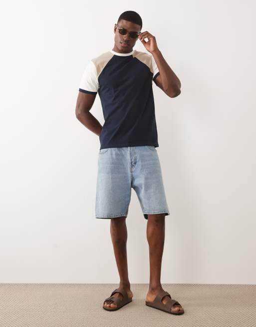 ASOS DESIGN heavyweight regular fit raglan T-shirt with contrast panels in navy, 3 of 5