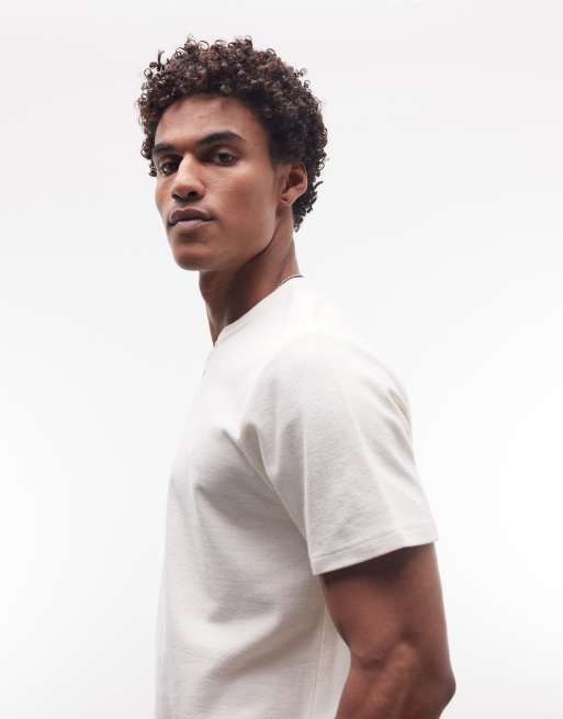 ASOS DESIGN heavyweight regular fit t-shirt with chest embroidery in cream crepe fabric, 4 of 5