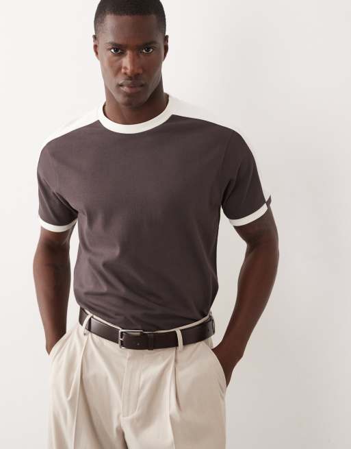 ASOS DESIGN heavyweight regular fit t-shirt with contrast paneling in dark brown, 3 of 5