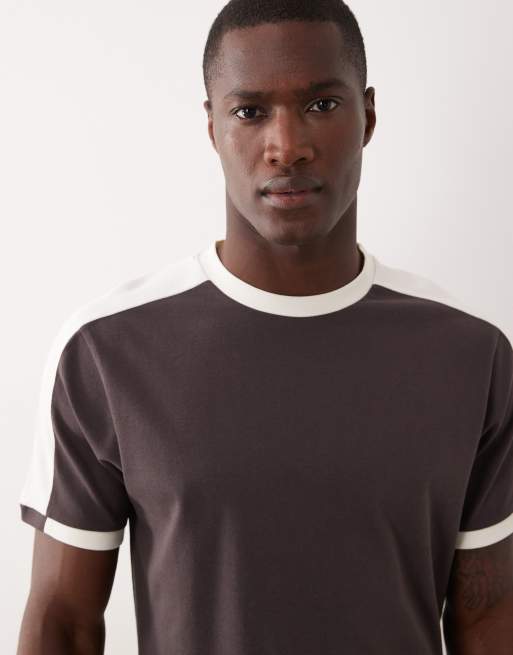 ASOS DESIGN heavyweight regular fit t-shirt with contrast paneling in dark brown, 4 of 5