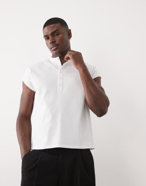 ASOS DESIGN heavyweight regular fit T-shirt with henley neck and cap sleeves in white - view 1