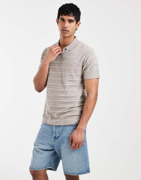 ASOS DESIGN heavyweight regular fit zip-up polo in textured beige stripe - view 1