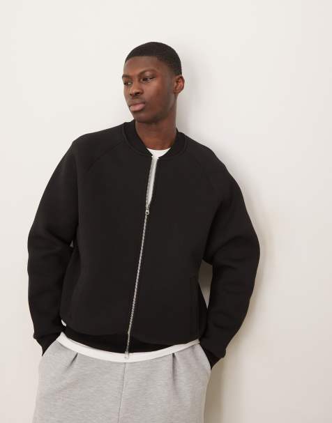 ASOS DESIGN heavyweight relaxed bomber jacket in scuba-style fabric in black - BLACK - view 1