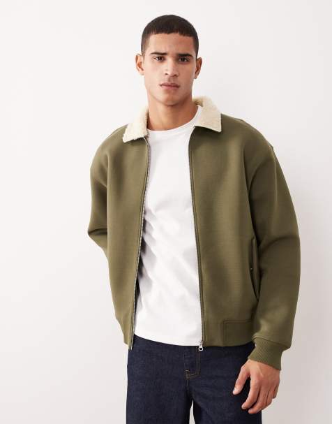 ASOS DESIGN heavyweight relaxed bomber jacket in scuba-style fabric with borg collar in khaki - KHAKI - view 1